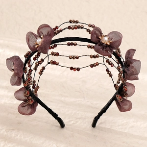 Vintage Handmade Beaded Headband Mesh Flower Faux Artificial Pearl Rhinestone Bridal Hair Accessories For Wedding Party Women Gift