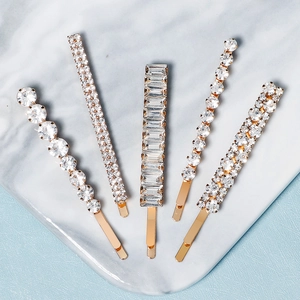 5-piece set of geometric crystal hair clips with gold alloy finish and clear rhinestones