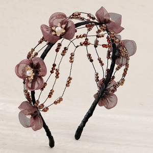 Vintage bridal headband with brown organza flowers, white pearls and crystal beads