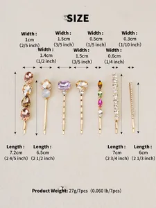 Size chart showing dimensions for 7 colorful rhinestone hair clips and product weight