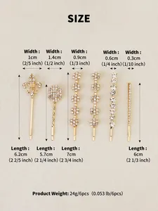 Detailed size chart for a 6-piece rhinestone hair clip set with gold alloy base
