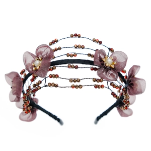 Handmade vintage bridal headband with purple chiffon flowers and crystal beaded details