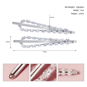 Detail view of silver marquise zircon hair pins showing 70mm length and 15mm width
