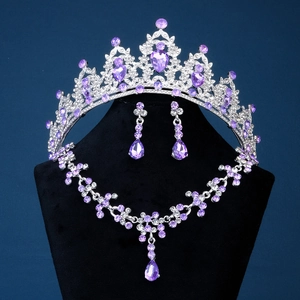 Set gioielli da sposa di lusso con tiara in cristallo viola, collana e orecchini a goccia
