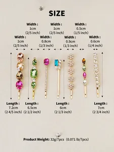 Size guide for a 7-piece set of colorful rhinestone hair clips with specific dimensions