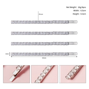 Detail view of 65mm silver zircon hair pins set showing product dimensions and weight