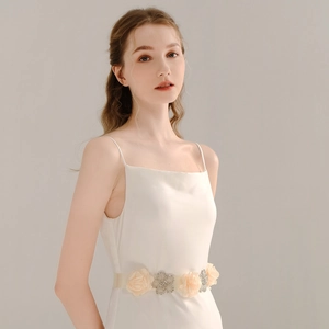 Elegant maternity sash with white fabric flowers and silver beaded rhinestones for dresses
