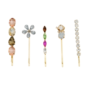 Five-piece set of gold hair clips with colorful rhinestones in floral and geometric designs