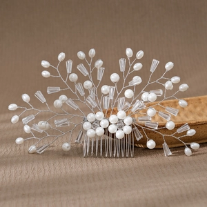 Handgefertigter Braut Haarkamm Silber Legierungsdraht Künstliche Perlenimitat Acrylkristall Zweig Blumen Kopfschmuck Hochzeit Haarschmuck Zubehör Für Damen
