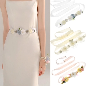 Handmade Flower Bridal Sash Belt For Women Satin Wedding Dress Belt With Rhinestone Artificial Pearl Photography Accessory
