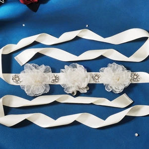Elegant bridal sash belt with white satin ribbon and three handcrafted rhinestone flowers