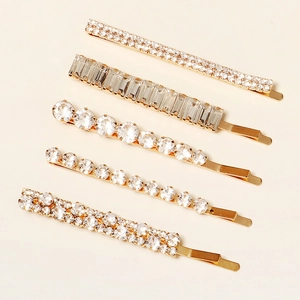 5-piece set of elegant gold-toned hair clips with shiny rhinestones and zircon details