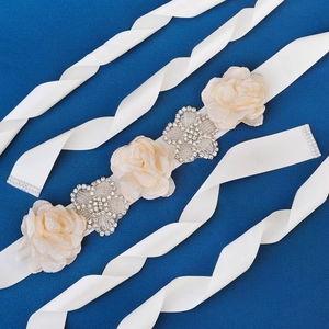 Bridal sash belt with ivory fabric roses and silver rhinestones on a white satin ribbon