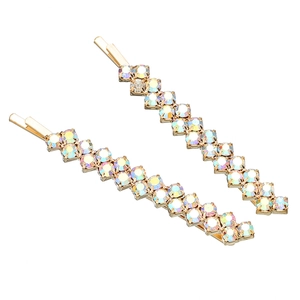 Set of two gold-finish hair clips with double rows of sparkling AB rhinestones