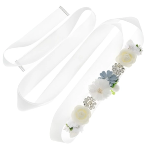 Elegant bridal wedding belt with white fabric flowers, blue accents, and crystals on satin ribbon