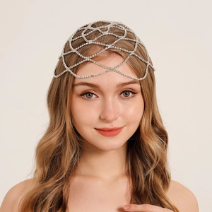 Vintage silver rhinestone hair mesh headpiece with sparkling tassel fringes for brides