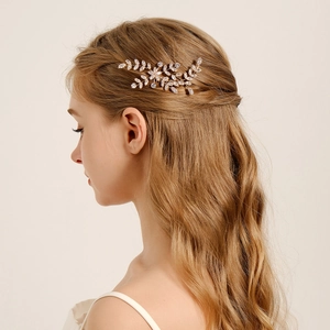 Elegante Pettine per Capelli da Sposa in Rame e Zircone Design a Fiore di Foglia Strass Matrimonio Festa Donna Gioielli