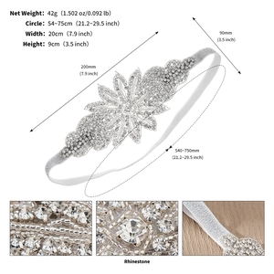 Detailed view of rhinestone leaf bridal headband with specific size measurements and dimensions