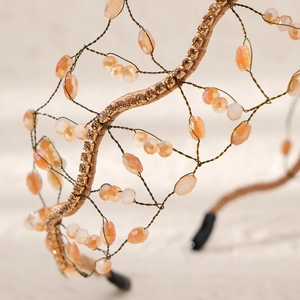 Luxurious handmade bridal headband with gold wire weaving and orange crystal beads