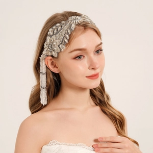 Hand Sewn Rhinestone Bridal Hairband Vintage Ethnic Style Flower Tassel Headband For Wedding Banquet Women Hair Accessories