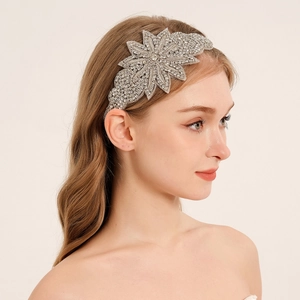 Shiny Rhinestone Leaf Wedding Headband Bridal Crystal Flower Hair Band Elastic Hand-Stitched Fashion Jewelry For Women
