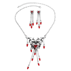 Gothic Halloween ghost bride necklace set with red heart rhinestones and tassel earrings