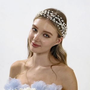 Bandeau Élégant en Künstliche Perles Multicouches Fait Main en Fil de Cuivre pour Mariée Avec Ruban en Mousseline Mariage Bijoux Femme