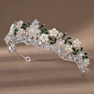 Vintage silver bridal crown with purple pearls, green enamel leaves and crystals