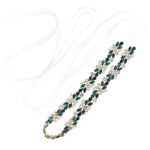 Ceinture de mariée exquise avec strass émeraude et clairs sur ruban de soie blanc