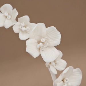 White clay flower bridal headband with crystal beads for wedding hair styling