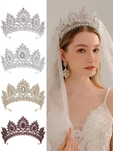 Macro shot of bridal tiaras in four colors featuring baroque crystals and alloy details