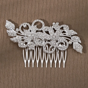 Elegant silver bridal hair comb with rhinestone floral leaf design for wedding