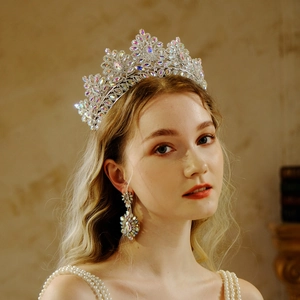 Detailed view of Baroque bridal tiara and matching earrings with AB rhinestones
