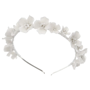 White bridal floral headband with handmade ceramic flowers and crystal pearls for weddings
