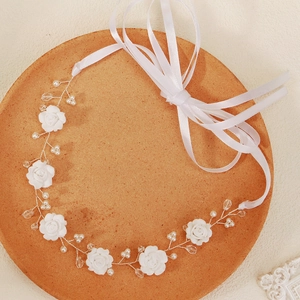 Vintage bridal headband with handmade white clay flowers, pearls and crystal beads