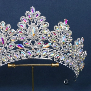 Elegant bridal silver crown headpiece with colorful AB rhinestones and symmetrical design