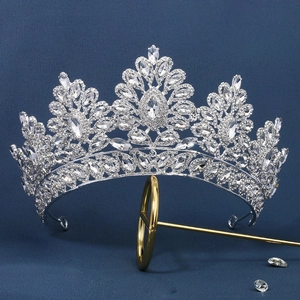Close-up of luxury bridal crown with silver alloy frame and shimmering marquee crystals
