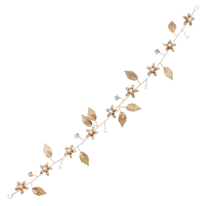 Handmade gold leaf bridal hair vine with pearls and crystals on a white background