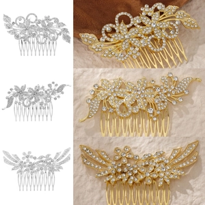 Luxury Bridal Hair Comb Alloy Rhinestone Flower Leaf Side Comb For Wedding Party Elegant Women Hair Jewelry Gold Silver