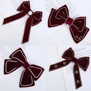 Vintage Wine Red Velvet Bow Hair Clip For Women Elegant Faux Artificial Pearl Rhinestone Bowknot Hairpin Banquet Party Accessories