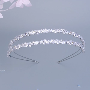 Macro detail of silver double-layered bridal headband with marquise cubic zirconia