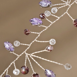 Handmade silver bridal headband with purple rhinestones and crystals in a branch design