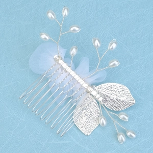 Peigne à cheveux floral élégant avec perles, feuilles en métal et mesh pour mariage