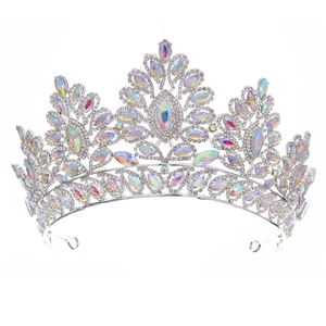 Elegant silver alloy bridal crown with iridescent crystals and shimmering rhinestones