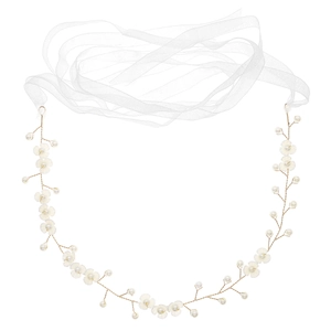 Elegante bruidshaarband met witte bloemen en parels op gouden draad met organza strikbandje