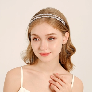 Serre-Tête Élégant Double Couche en Zirconia Motif Feuille Alliage Plaqué Argent pour Femme Mariée Mariage Fête Accessoires Cheveux