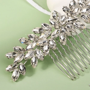 Elegant silver bridal hair comb with marquise cut rhinestones in a leaf-shaped pattern