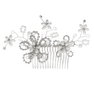 Elegant bridal hair comb with handmade pearls and crystal flower cluster in silver finish