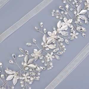 Silver bridal belt with handmade pearls and crystal rhinestones for wedding dresses
