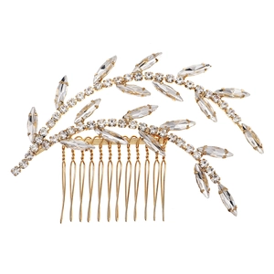 Elegant gold bridal hair comb with vintage leaf design and sparkling rhinestones